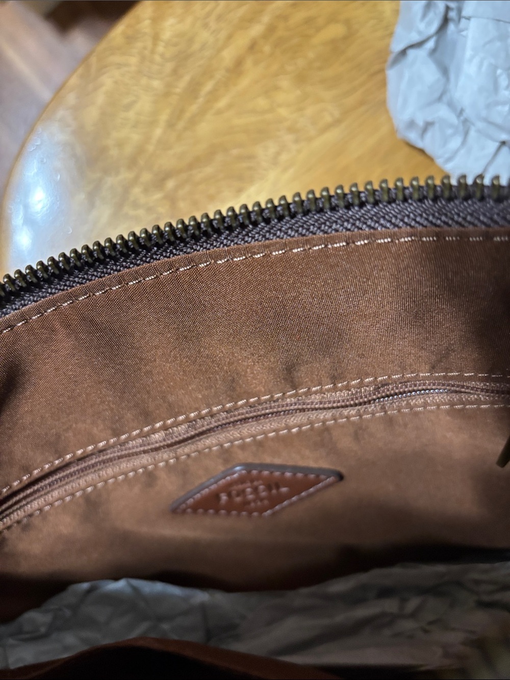 Fossil Orange Patterned Crossbody with Brown Leather Trim - Picture 6 of 7